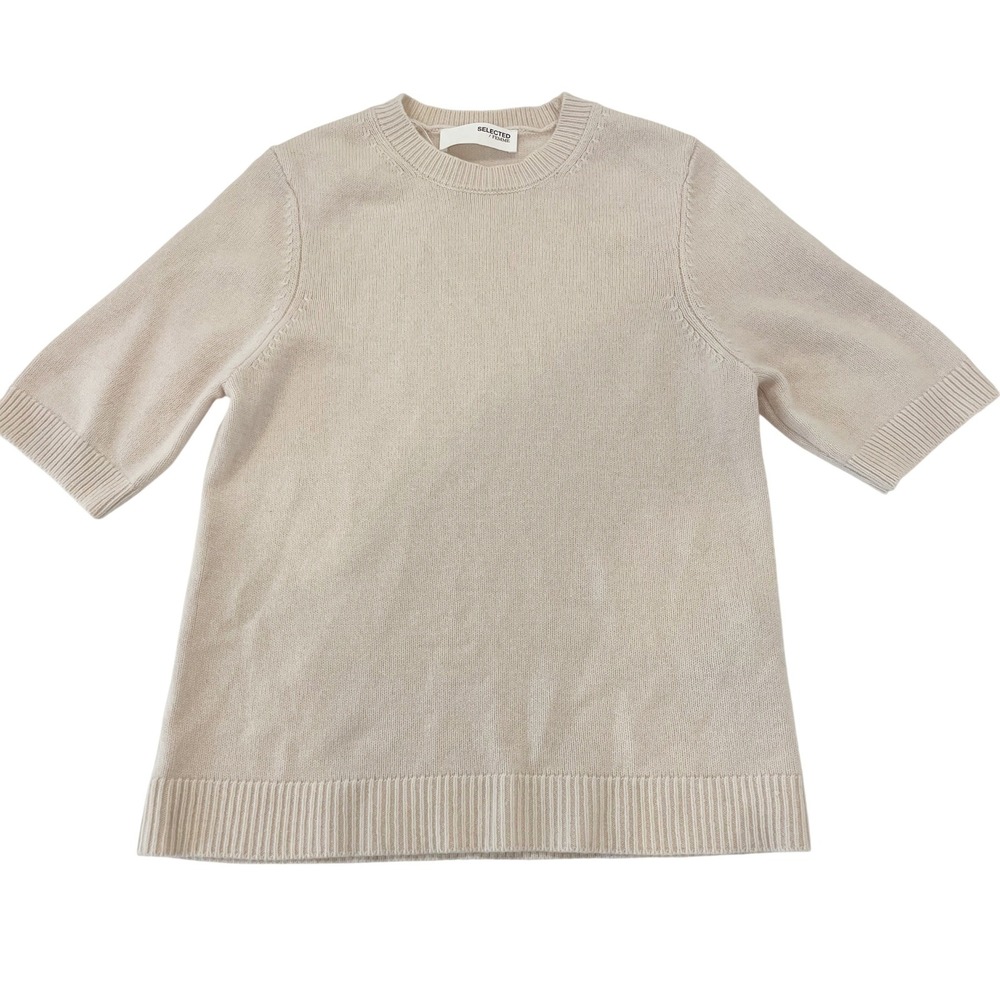 Selected Femme Wool Cashmere Short Sleeve Sweater Cream Quiet Luxury Chic MEDIUM
